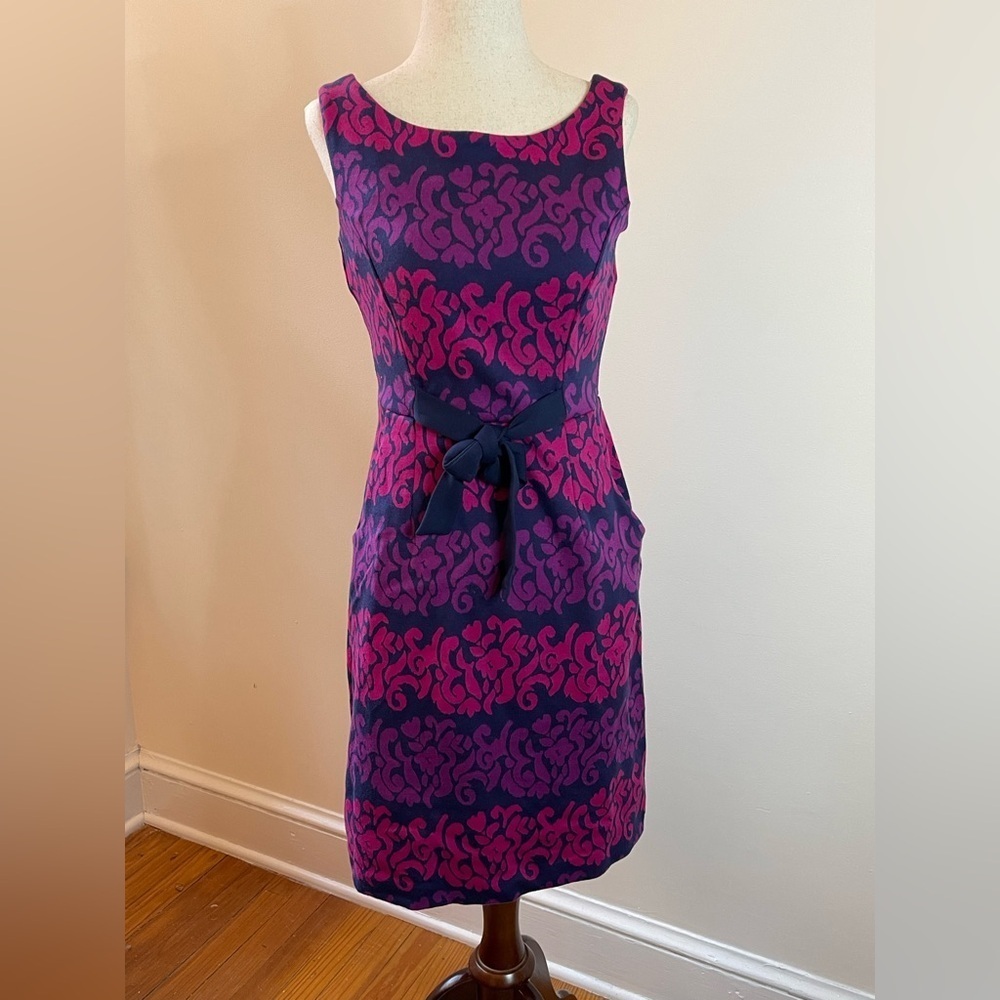 Lilly Pulitzer Jacquard Tie-Waist Sheath Dress Pink Navy Damask Pattern Size S